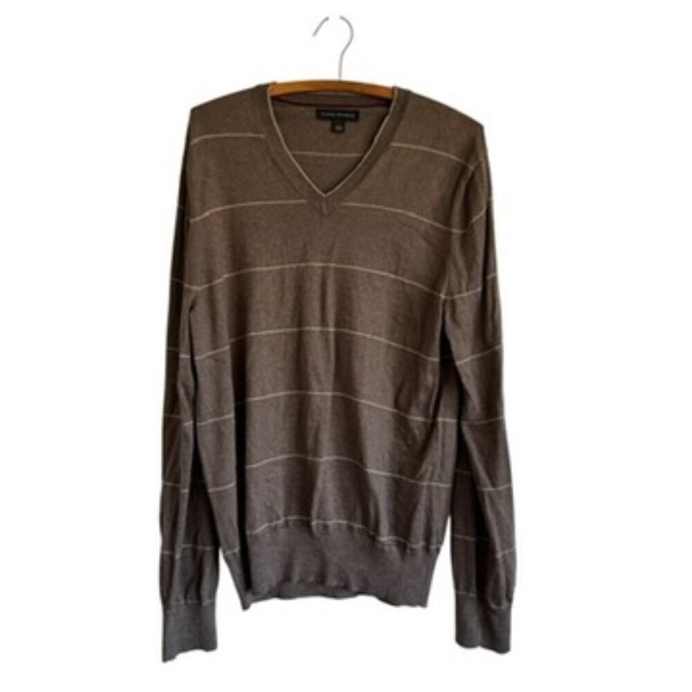 Banana Republic Silk and Cashmere Blend V Neck Gray and Cream Striped Sweater